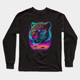 Retrowave Synthwave Tiger Head - 1980's Animal Print Long Sleeve T-Shirt